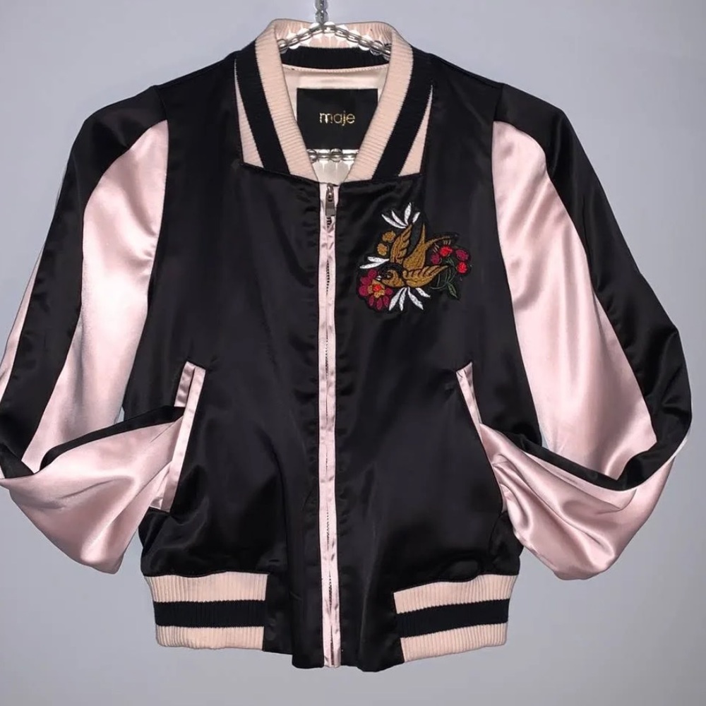 MAJE Balsa Bird Pink & Black Sport Bomber Size 38